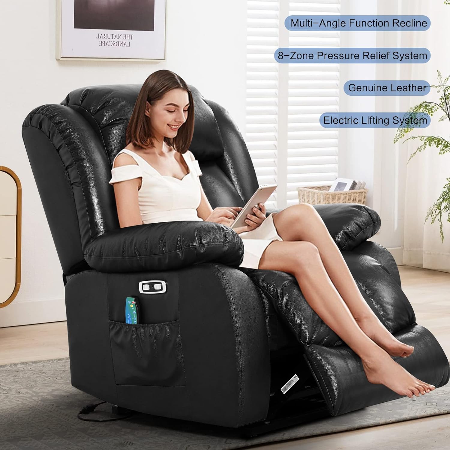 MAEVIS Lift Chair, Lay Flat Sleeping Lift Chairs Recliner for Elderly with Heat and Massage,Comfy Real Breathable Leather Recliners with Dual OKIN Motor for Living Room (Brown)