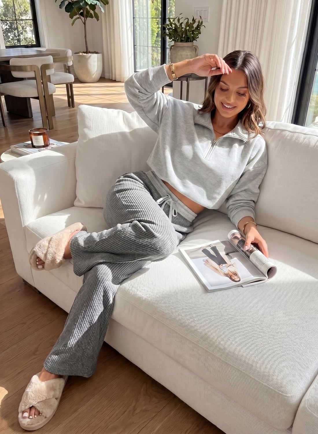 Aleumdr Womens Color Block Ribbed Lounge Pants with Pockets Casual Wide Leg Comfy Hight Waisted Knit Pajama Pants
