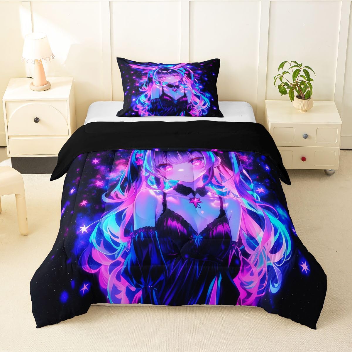 Erosebridal 3D Mushroom Girls Bedding Sets Twin - Japanese Modern Fashion Comforter Set for Kids Adults Abstract Graffiti Duvet Insert Watercolor Aesthetic Quilt
