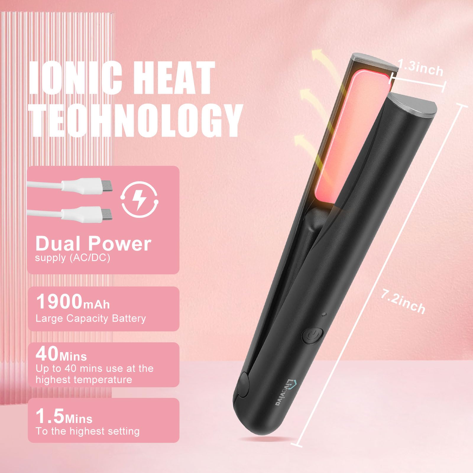 Mini alisador de pelo inalámbrico portátil, recargable por USB, calentamiento rápido que puede funcionar continuamente durante 40 minutos, rizador inalámbrico para viajes (negro)
