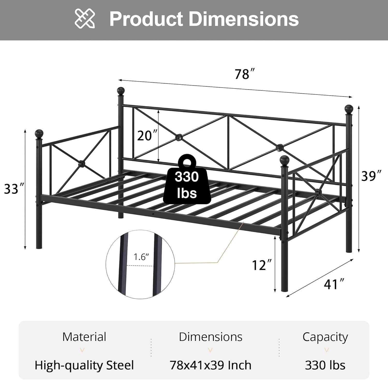 VECELO Twin Daybed Frame, Metal Day Bed with Stylish Headboard, Multifunctional Platform Beds for Bedroom, Living Room, Guest Room, No Boxing Spring Needed, Black