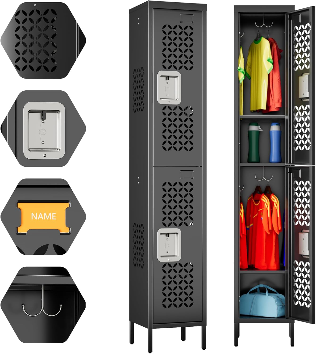 Aobabo 2 Doors Metal Storage Locker with Lock, 66" H Steel Locker with Metal Hooks and Shelf for School, Home, Office, Playroom, Assembly Required, Black