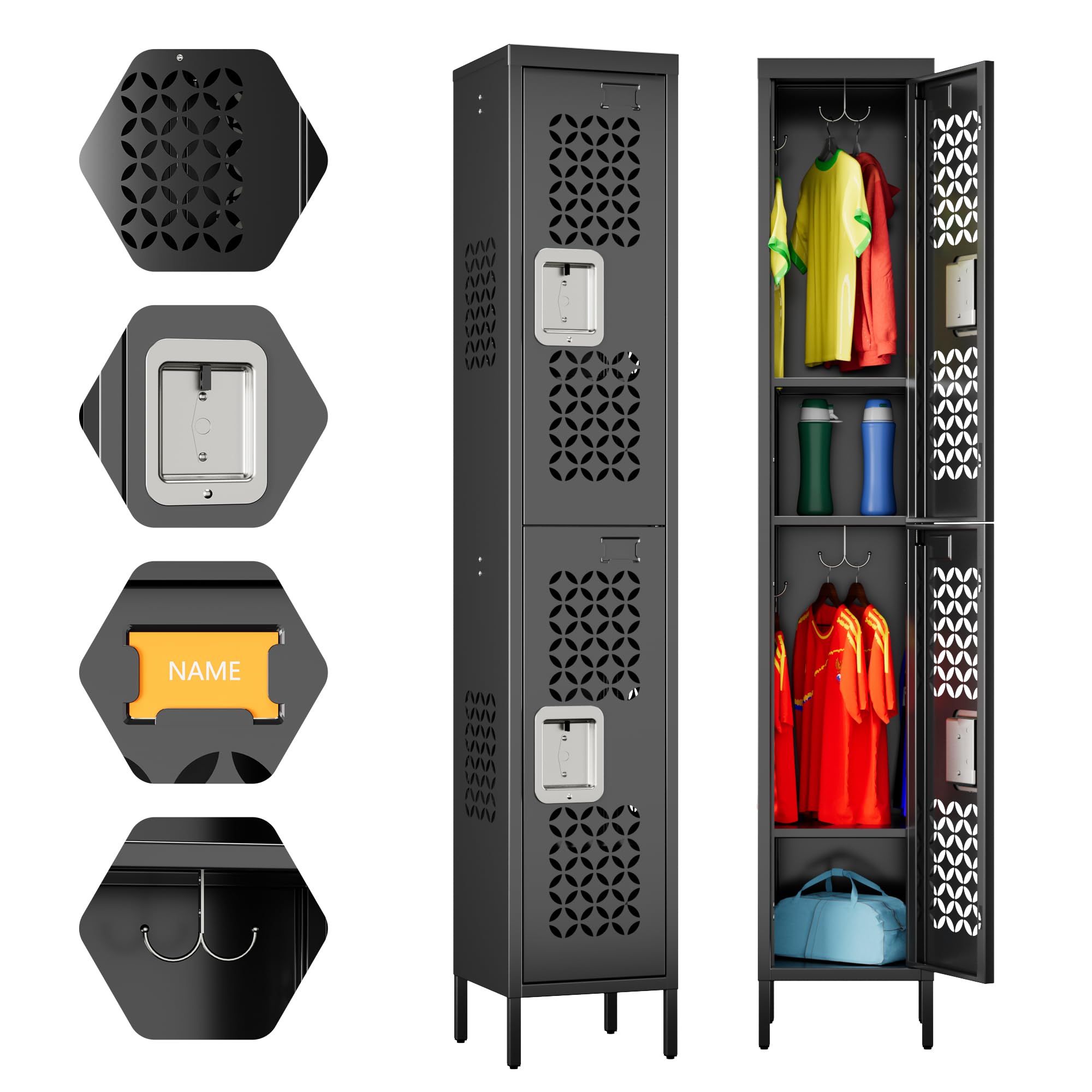 Aobabo 2 Doors Metal Storage Locker with Lock, 66" H Steel Locker with Metal Hooks and Shelf for School, Home, Office, Playroom, Assembly Required, Black
