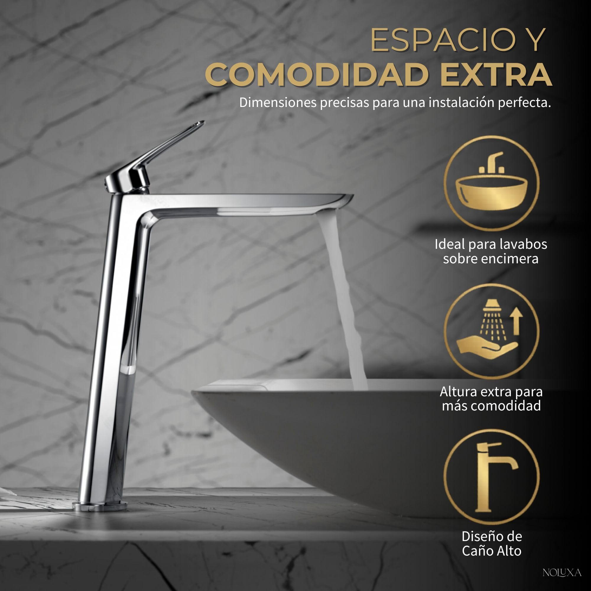 IMEX - Grifo Lavabo Cromado Caño Alto | Grifo Baño Mezclador Agua Fria y Caliente | Grifería Monomando Efeto Cascada con Caño de Latón y Ahorro de Agua | Serie Bélgica | Color Cromado