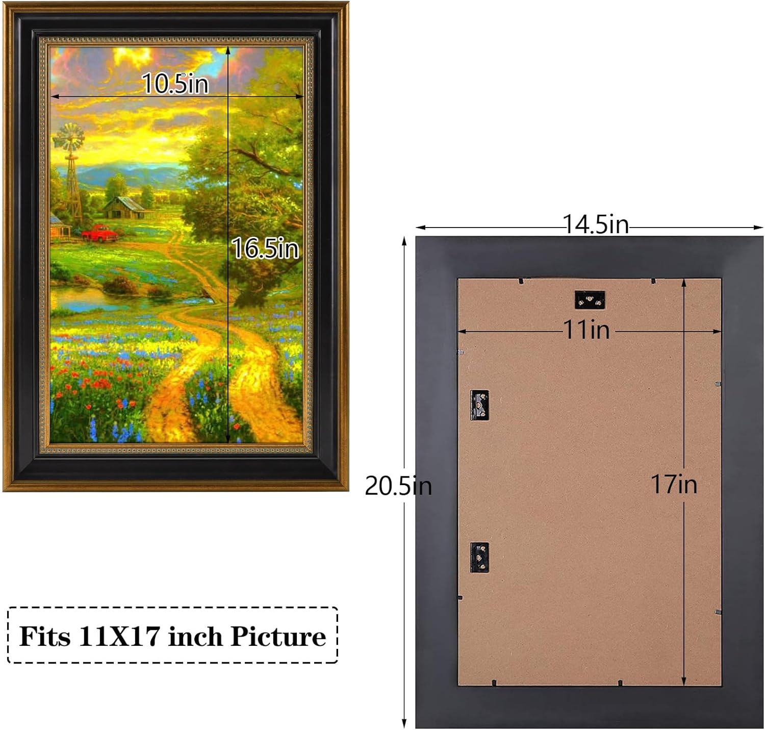 Space Art Deco,11x17 Picture Frame without Mat for 11x17 Photo/Print, High Definition Real Glass Wall Display (Ornate Gold/Black)