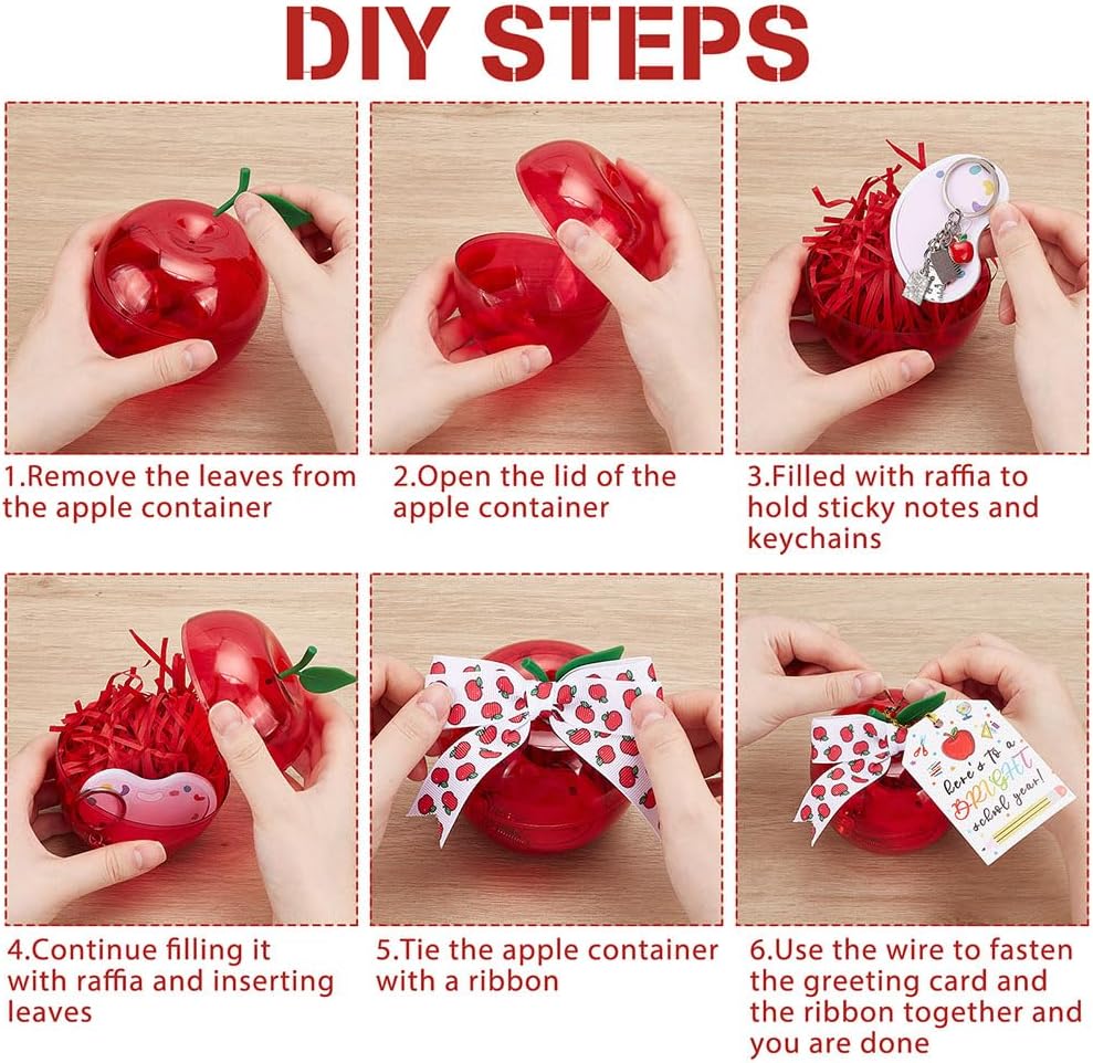 OLYCRAFT 12 Pack Plastic Apple Containers Teacher Present Set Red Apple Shaped Teacher Appreciation Present with Thank You Cards Keychains Ribbon Welcome Party Favor for School Party Decorations