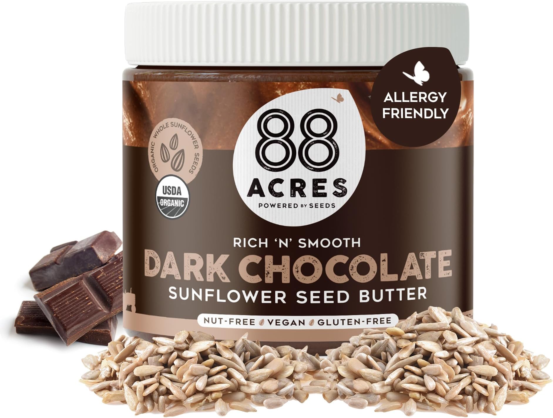 - 88 Acres Organic Sunflower Seed Butter, Dark Chocolate, 14 oz Jar, 2 Pack, Butter Spread with 5g Plant-Based Protein, Gluten Free, Nut Free, Vegan, Non-GMO