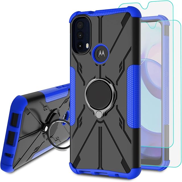 Iokmax Case for Motorola Moto E20 / E30 / E40 with 2 Pack Screen Protector, 360° Magnet Ring Holder Heavy Duty Shockproof Robust Bumper Case for Motorola Moto E20/E30/E40,Blue