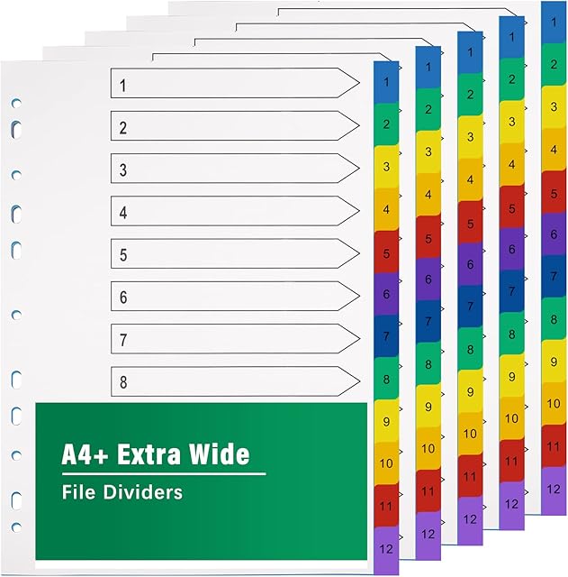 A4 File Dividers 12 Part Extra Wide Coloured Tabs5 PackFolder Dividers Coloured Mylar for Lever Arch Files Multipurpose Porous Index Dividers