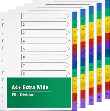 A4 File Dividers 12 Part Extra Wide Coloured Tabs 5 Pack