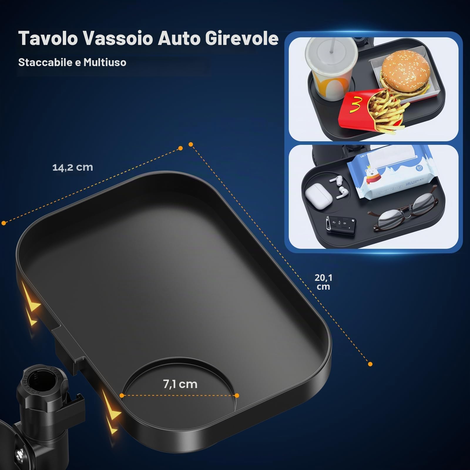 KDD Vassoio Portabicchieri per Auto Multifunzionale - 3 in 1 Vassoio per Alimenti per Auto Staccabile e Base Regolabile, Supporto Telefono e Portabevande a 360° Rotazione per Veicoli Viaggi Nero