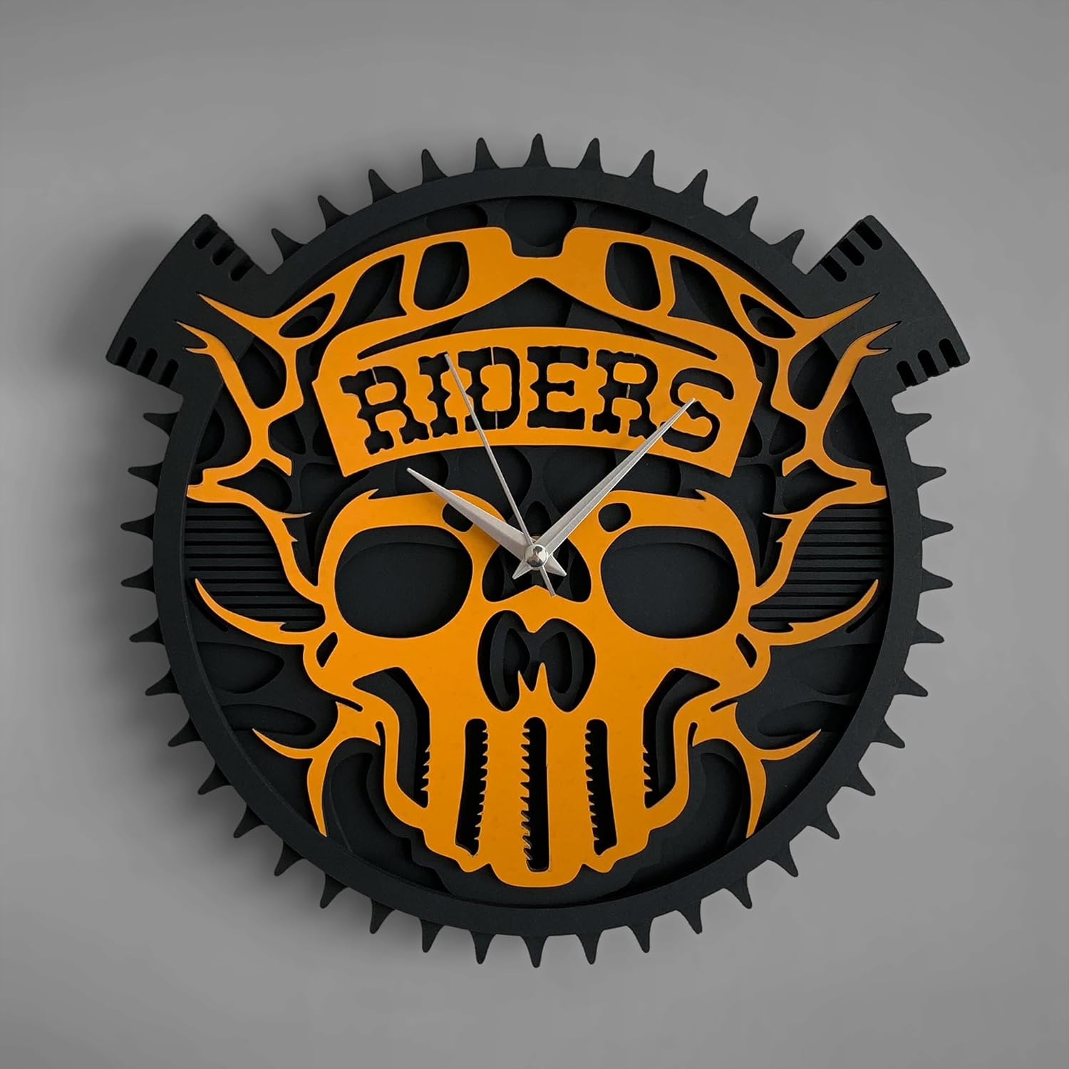 goodtime 11.4 Inch Motorcycle Skull Wall Clock Battery Operated Silent Non Ticking Gothic Inspired Design for Any Room Analog Skull Wall Clock for Gift Decor Black & Orange Color