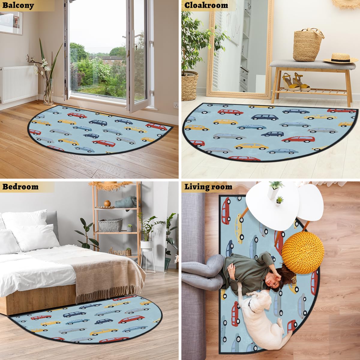 Mexpekil Paillasson demi-rond antidérapant lavable avec motif voitures de dessin animé en demi-lune pour intérieur et extérieur - 100 x 160 cm