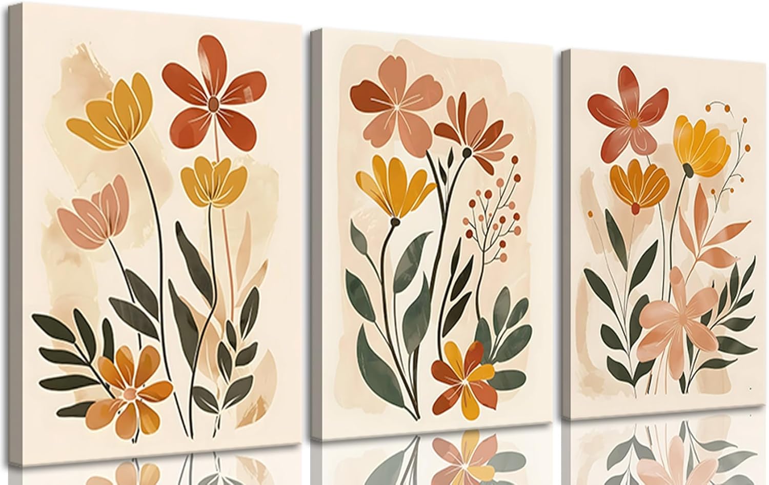 3Pcs Boho Floral Plant Canvas Wall Art Eclectic Flower Wall Decor Watercolor Flowers Painting Pictures Modern Nature Botanical Poster Prints for Bedroom Livingroom Office Home Decoration 16X24 Yellow Flowers Plant 16x24in Canvas