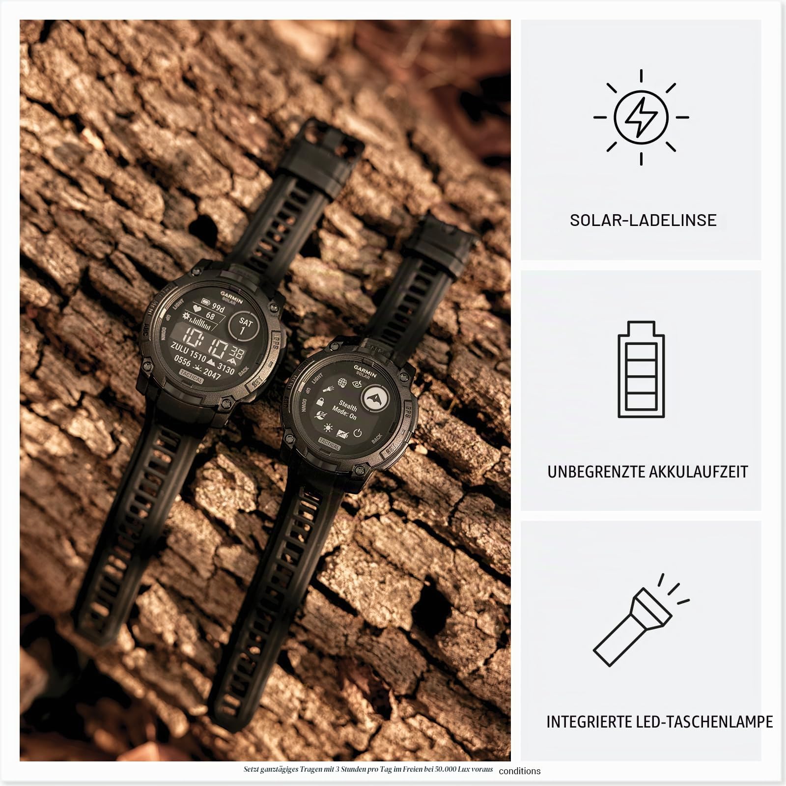 Garmin Instinct® 3 Tactical Edition, 45 mm, solarbetriebenes Display, robuste Outdoor-GPS-Smartwatch | Outdoor GPS Smartwatch, Solar Charging, Dedizierte taktische Funktionen, metallverstärkte Lünette, eingebaute Taschenlampe