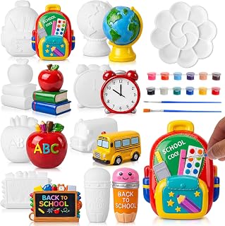 Reallnaive 8 Pack Back to School Ceramic Painting Kit for Kids & Adults | Paintable Ceramic Figurines, Ready to Paint Statues, Blank Bisque Unpainted Plaster, DIY Crafts, Brush Palette Paint