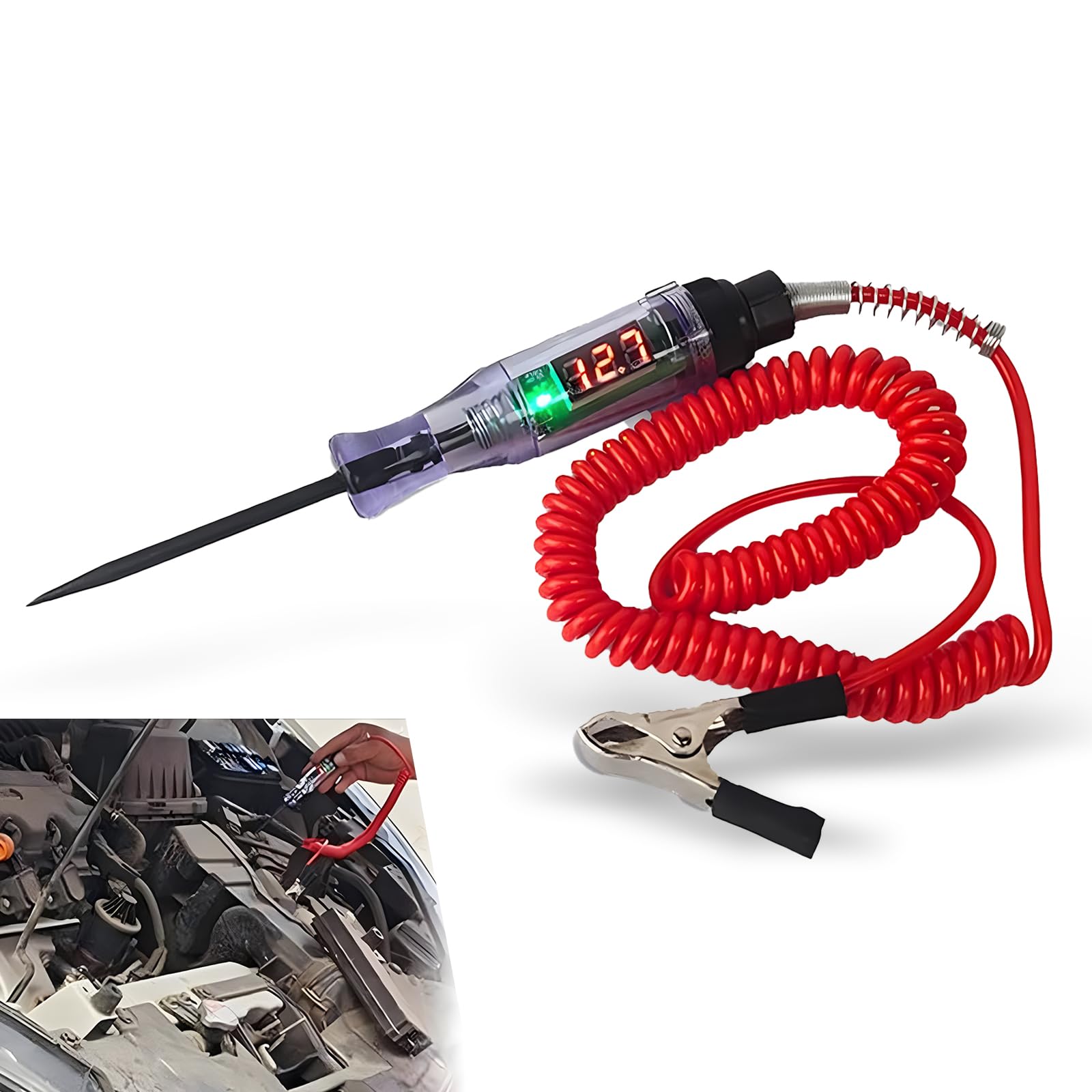 1 PC Car LED Digital Display Circuit Induction Test Pen, 7.48" DC 3V/6V/12V/24V Voltage Continuity Test Pen with 70.86" Spring Wire, Multi-Function Accessories, Suitable for Most Cars (Red)