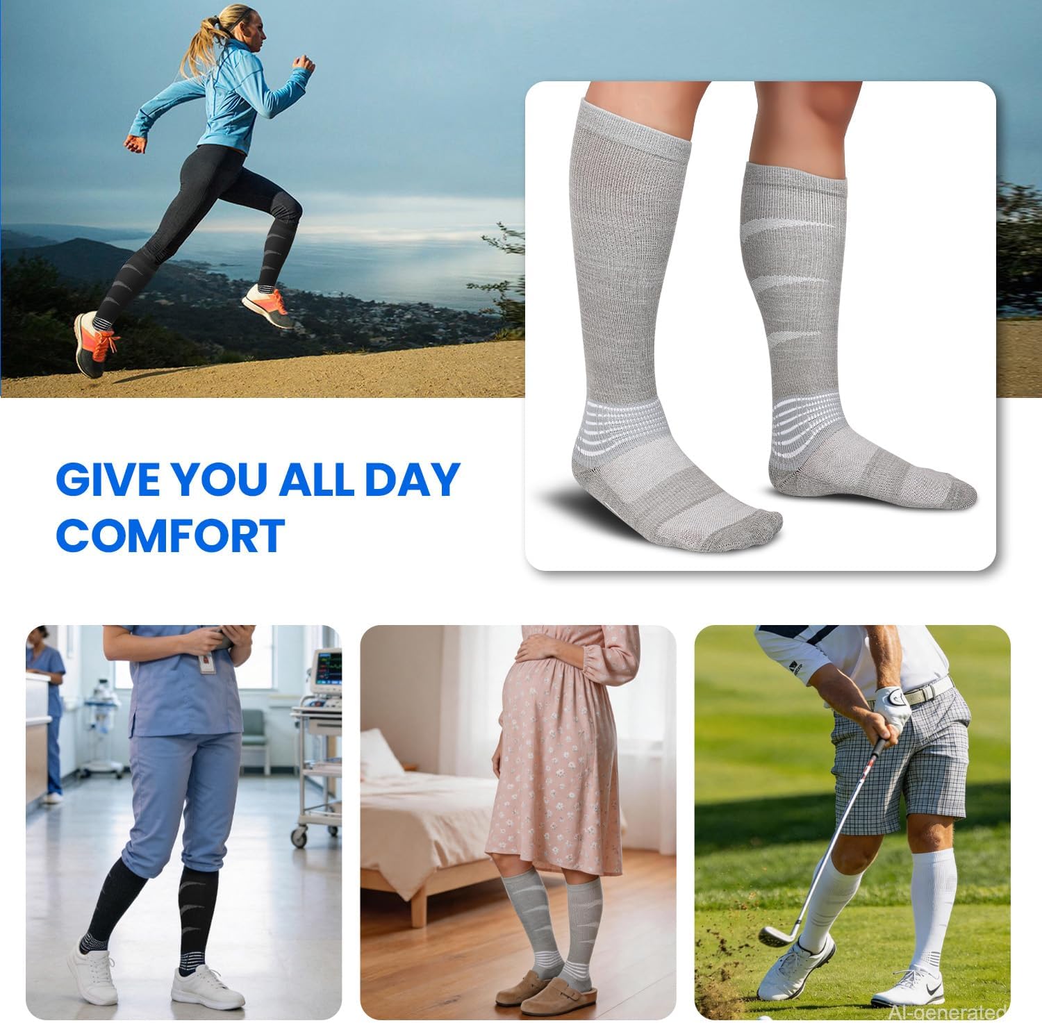 IRAMY Cotton Compression Ankle Support Socks Men Women Knee High Moisture Wicking Gradient Compression 3 Packs