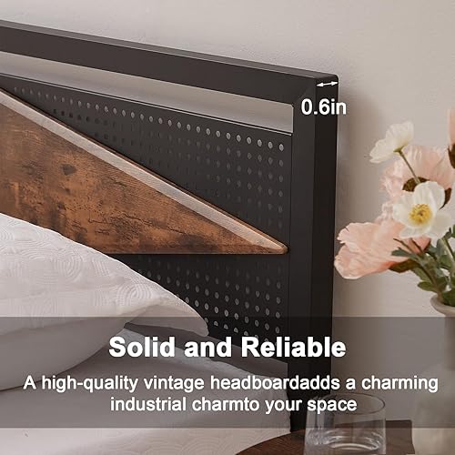 Miniatura 9 de VECELO Base de cama de tamaño matrimonial, cama matrimonial con cabecera de metal y madera, cama de plataforma plegable de listones de metal, estilo