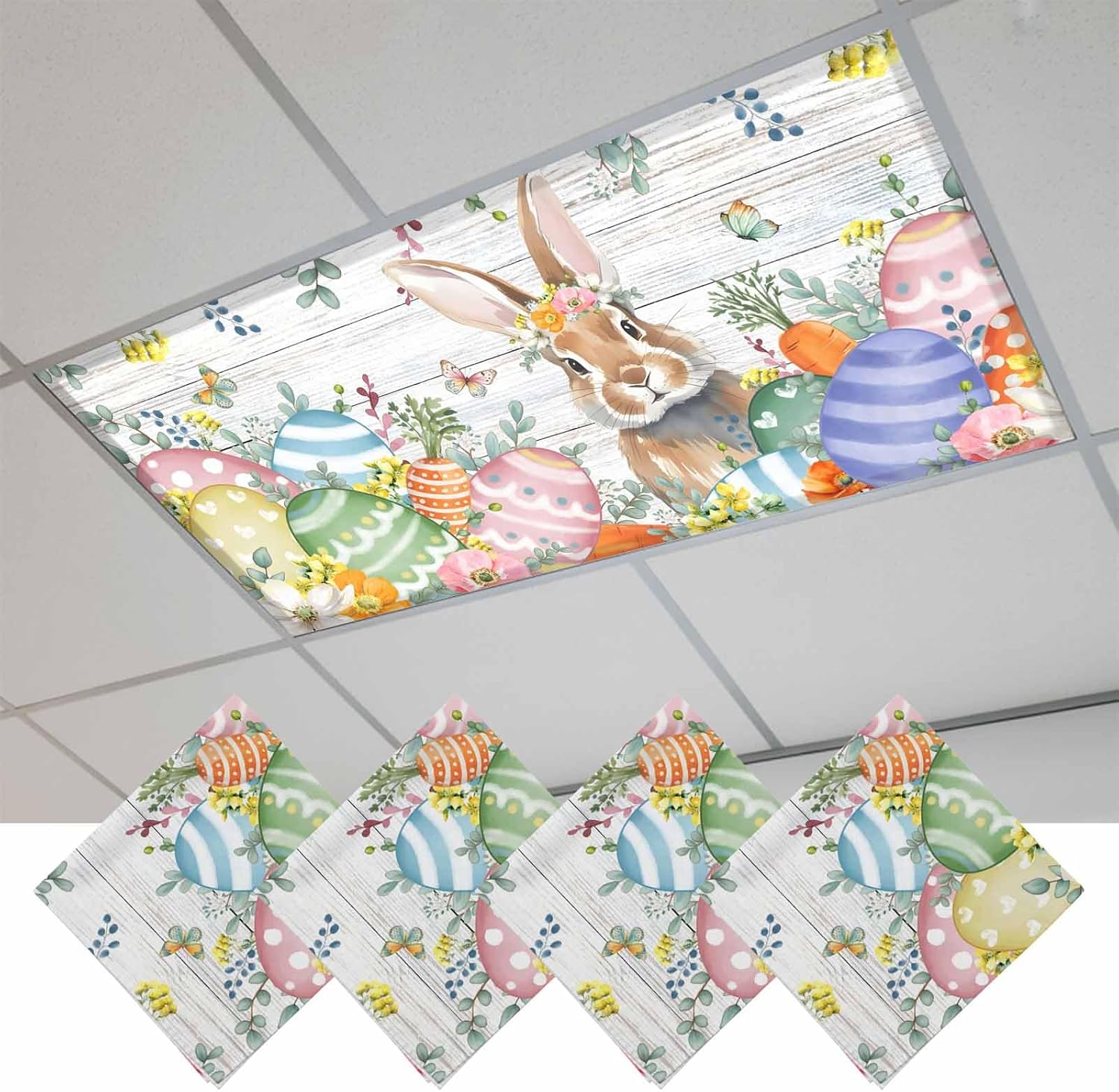 2x4 ft Fluorescent Light Cover for Ceiling Cartoon Easter Egg Bunny Floral Magnetic Light Filters, Farm Eucalyptus Retro Plank Ceiling Lampshades for Home School Office 4Pcs