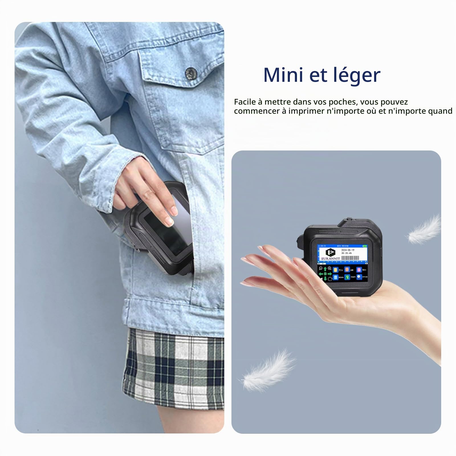 Mini imprimante Jet d'encre Portable E98 - Grand écran Tactile de 2,8 Pouces et Conception entièrement fermée, buse de 12,7 mm avec molette de Guidage Amovible pour Texte, QR et Codes-Barres
