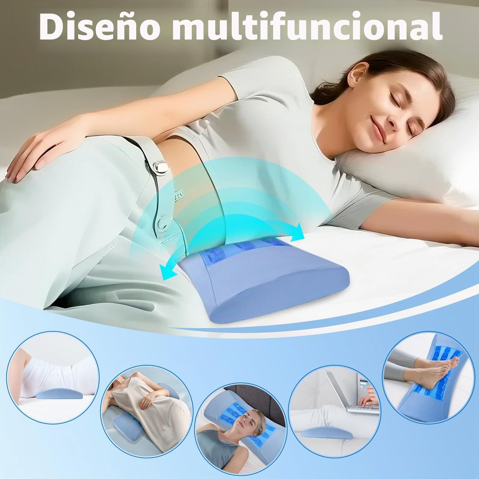 Almohada lumbar Dormir Ergonómicas, Espuma de Memoria Cojín Lumbar Cama, Almohada Lumbar para Cama, Silla de Oficina, Asiento de Coche y Sofá —con Gel de Enfriamiento y Cubierta Respirable (azul)