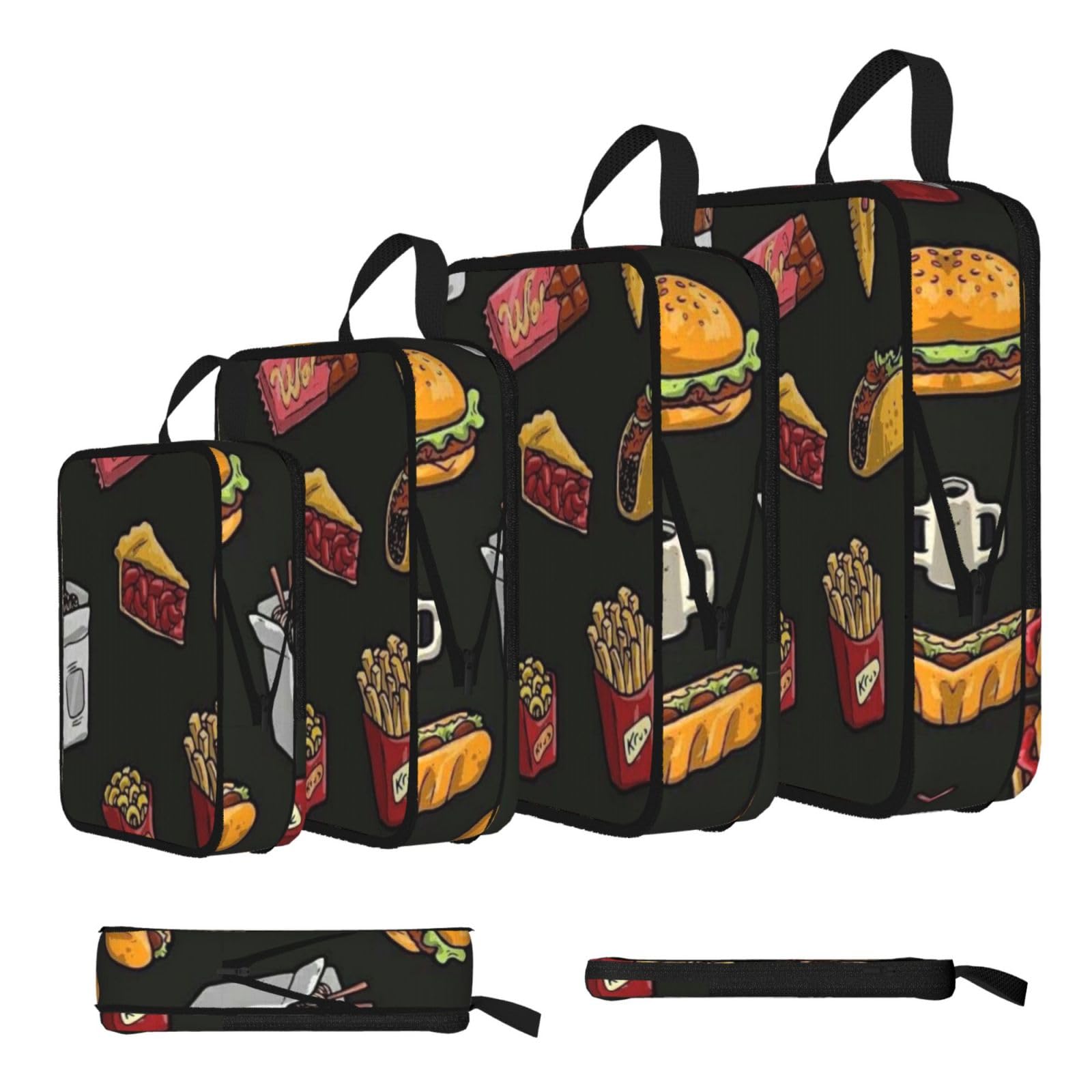 Chicken Leg Burger Drink Print Compression Packing Cubes 4-Piece Set With Multi- Compartment Travel Bag, Waterproof Suitcase Organiser Bags