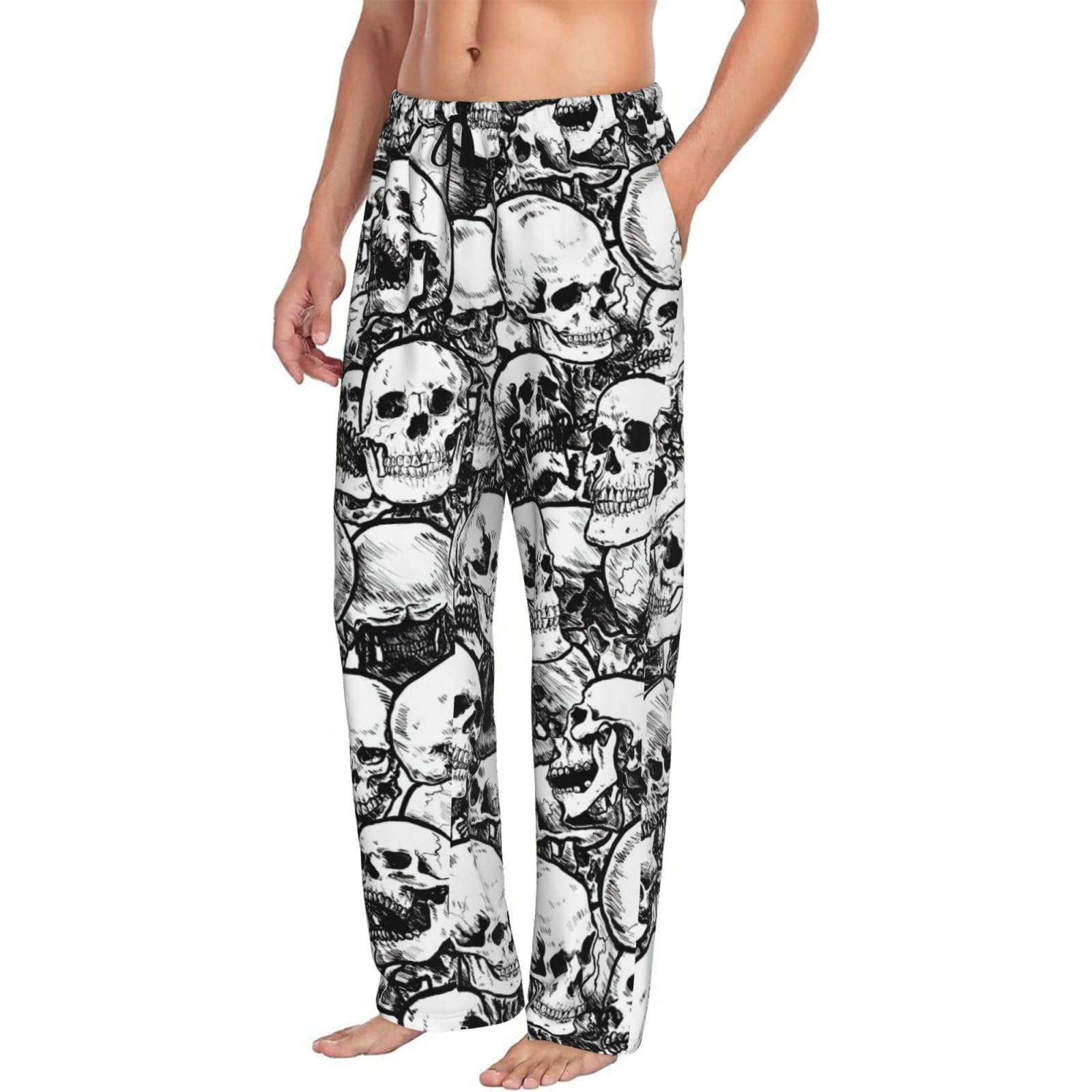 Yyoretp Unisex Black Men's And White Skulls Pattern Print Sleepwear Pajama Pants,Soft Drawstring Lounge Sleep Pants With Pockets