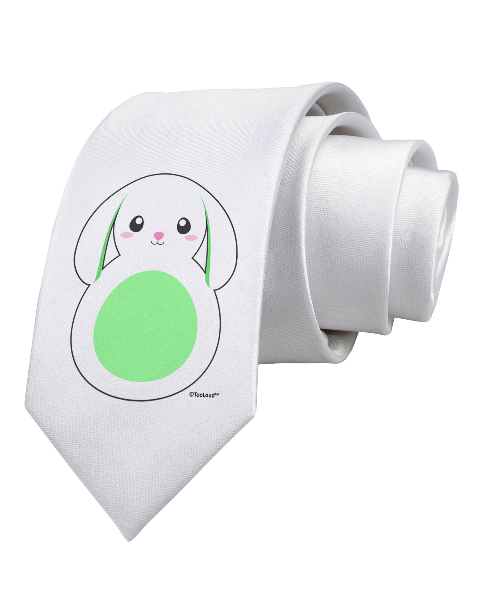 TOOLOUD Cute Bunny with Floppy Ears - Green Printed White Neck Tie