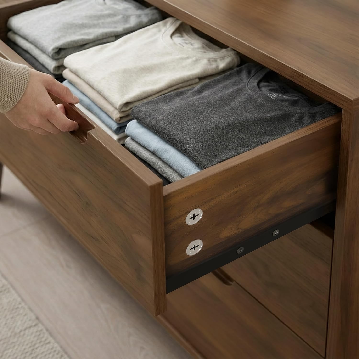 47" Wide Wooden Dresser for Bedroom, Mid-Century Modern 6 Drawer Double Dresser with Dark Wood Grain, Large Horizontal Storage Chest for Living Room, Anti-Tip Kit, Walnut