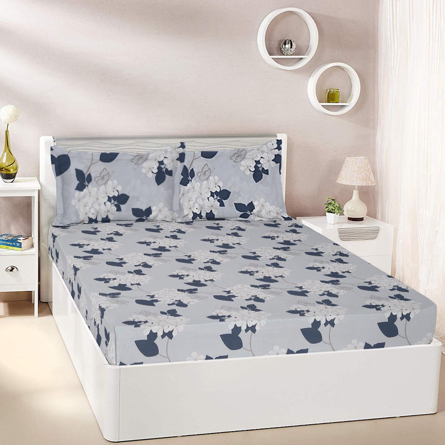 Amazon Brand - Solimo Dreamtime Oasis 140 TC 100% Cotton Double Bedsheet with 2 Pillow Covers, Soft and Smooth (Floral, White, Blue and Grey)