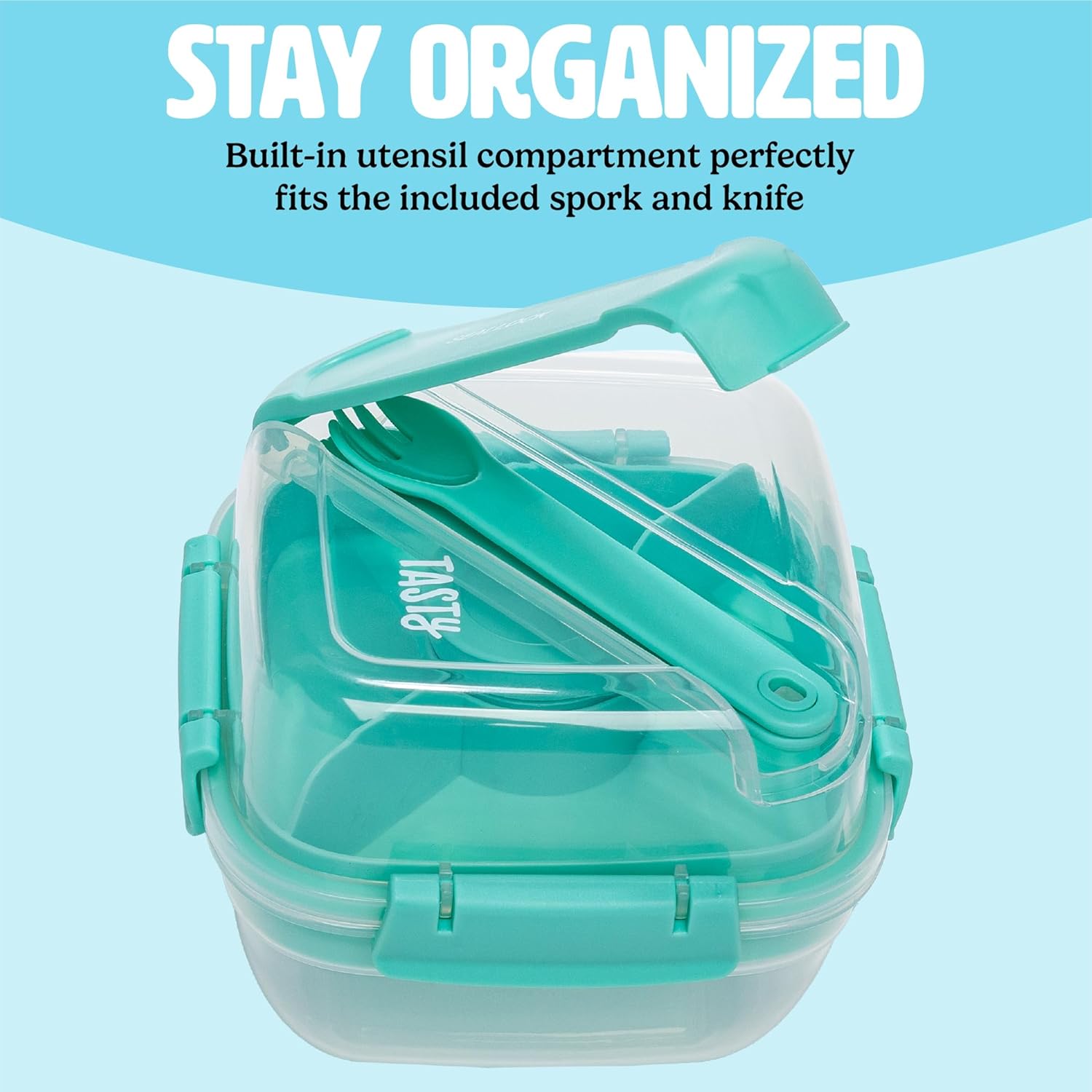 Tasty Stackable Bento Box, 37 oz Base with Removable Toppings Tray & Sauce Cup, Includes Knife & Spork, Easy-Latch Lid, Dishwasher Safe, Aqua