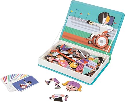 Janod - MagnetiBook Sports Educational Game-48 Magnets + 16 Model Cards - Creative Play - Enhances Observation Skills - Portable and Travel-Friendly - Inclusive para Sports -3 Years + J02596