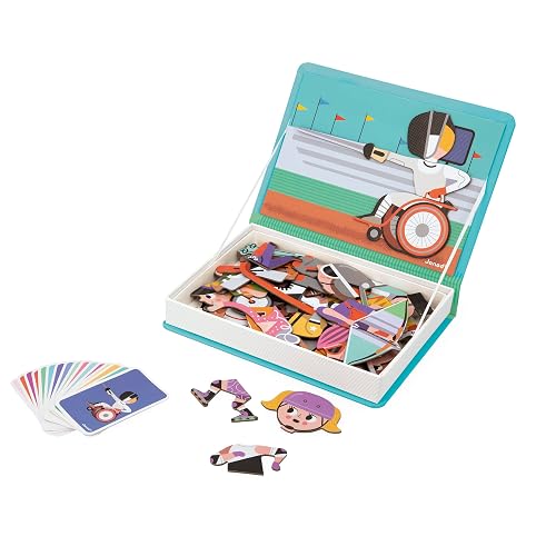 Janod - Magnéti'Book Deportes - Juego Educativo Magnético 48 Imanes + 16 Tarjetas Ejemplo - Juguete Infantil de Cartón FSC - A Partir de 3 Años, J02596