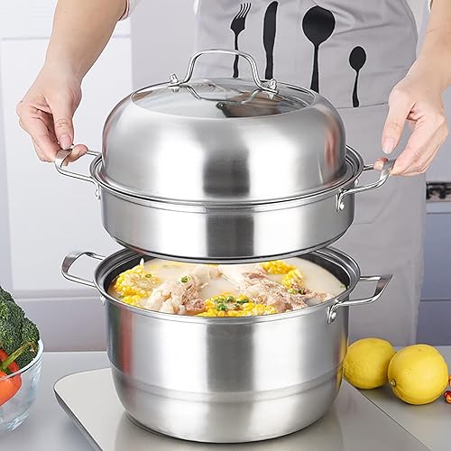 Miniatura 5 de WUWEOT Olla de vapor de 11 pulgadas, olla de vapor de acero inoxidable de 3 niveles, utensilios de cocina Dim Sum, sartén de cocina para alimentos y