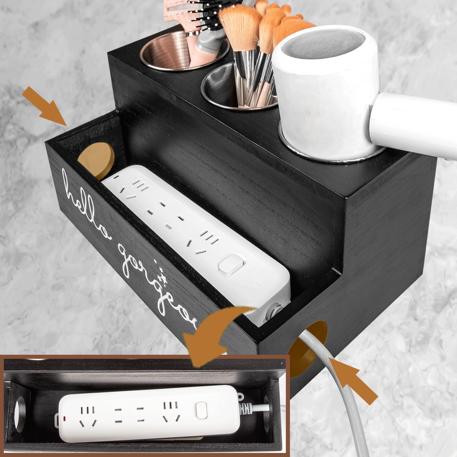 Portasecador de Pelo Madera - Organizador 2 Niveles para Planchas y Cosméticos del Baño,Organizador de Herramientas para el Cabello, Montaje en Pared o Mostrador (Negro)