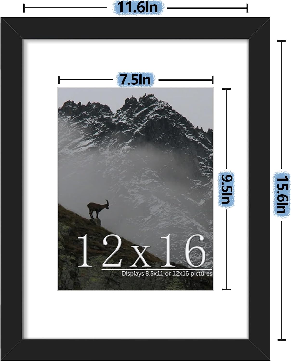 Picrit 12x16 Picture Frame Set of 7, Display 8.5x11 with Mat or 12x16 without Mat, Photo Frames for Wall Mounting Display, Black