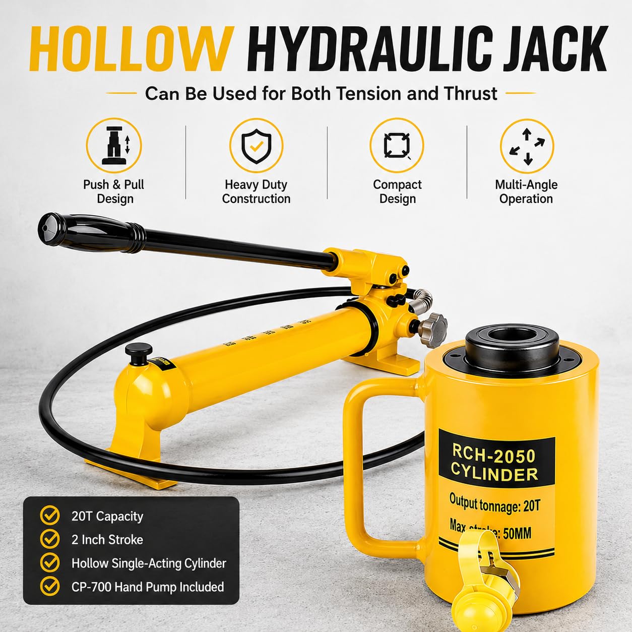 Gato hidráulico 20T con bomba de mano CP-700, cilindro hidráulico hueco de un solo efecto, diseño de empuje y tracción, carrera de 2 pulgadas