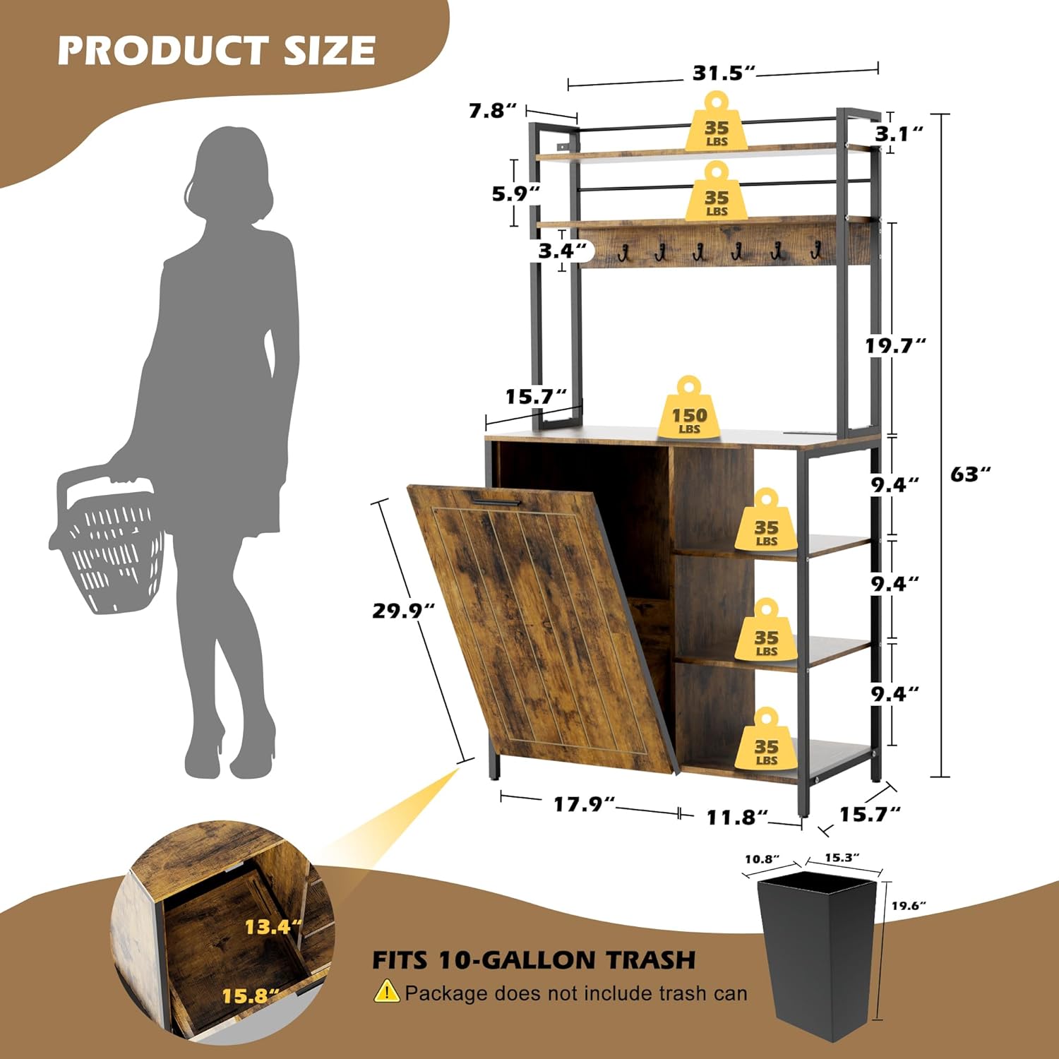Kitchen Bakers Rack with Power Outlets, 63"H Microwave Oven Organizer with Tilt Out Trash Can Cabinet Storage Shelf 6 Tiers Coffee Bar Stand, Freestanding Pantry Hutch Rack with 6 Hooks (brown)