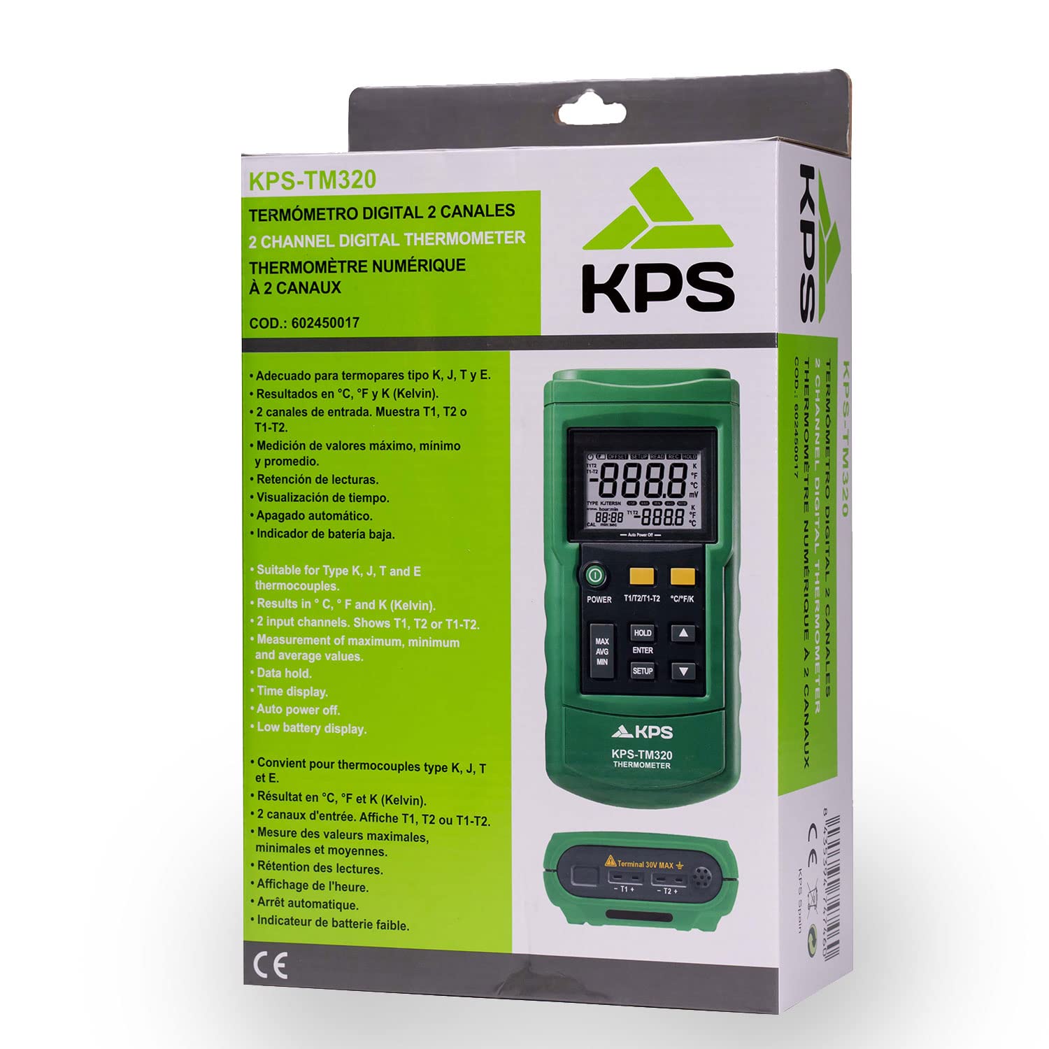 KPS-TM320 Termómetro Digital 2 Canales Compatible con Termopar J, K, T, E, R, S y N con Registro de Datos y Medidas en ºC ºF o Kelvin