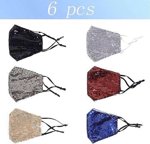 Miniatura 9 de 6 máscaras faciales lavables con purpurina para mujer. Transpirables, reutilizables, ajustables, a la moda, con bolsillo.