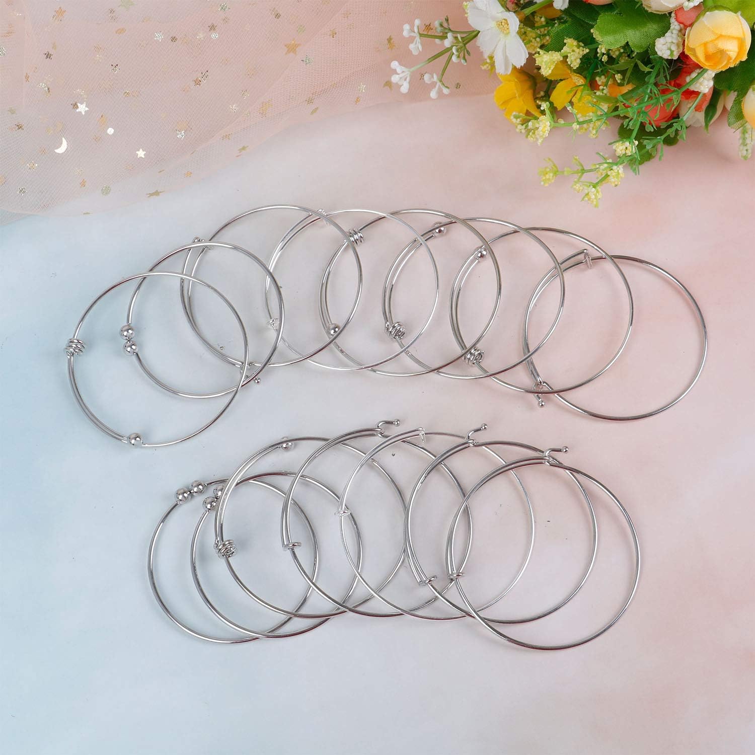 40Pcs Expandable Bangle Bracelet Adjustable Bracelets Blank Wire Bangle for Women DIY Jewelry Making, 4 Styles, Silver and White K