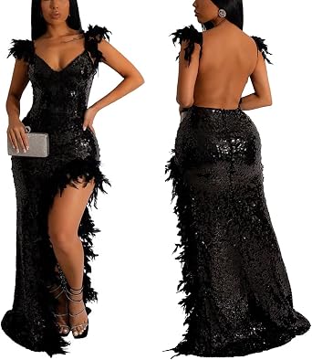 AlexQueen Womens Sexy Spaghetti Strap V Neck Mesh See Through Bodycon Sequin Gown Evening Dress with Slit