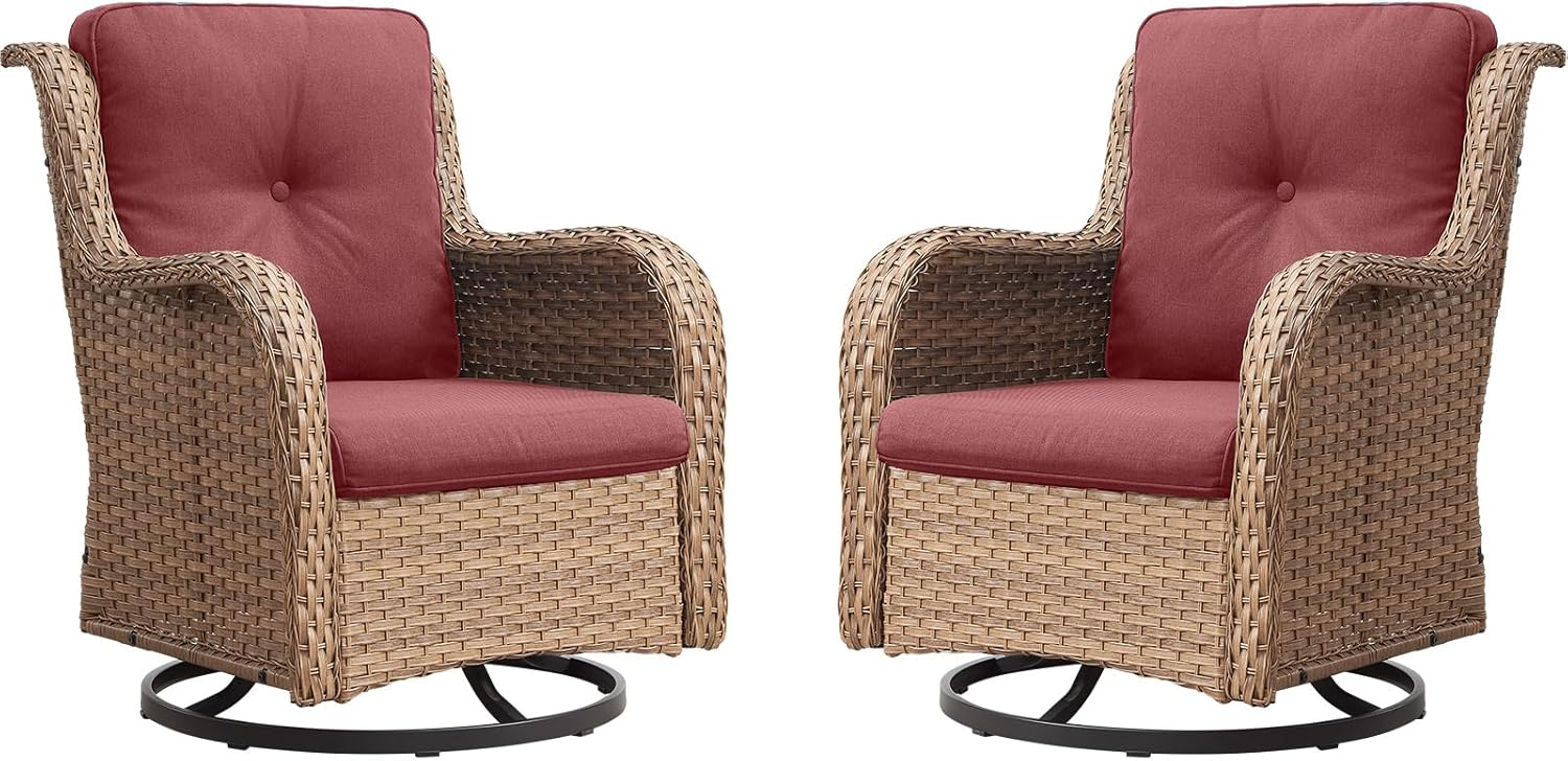 Wicker Swivel Patio Chairs - 2 PCS Outdoor Swivel Rocker Armchairs, Patio Glider Seating with High Back Deep Seat for Porch Deck Balcony - Yellow Wicker Red Cushion