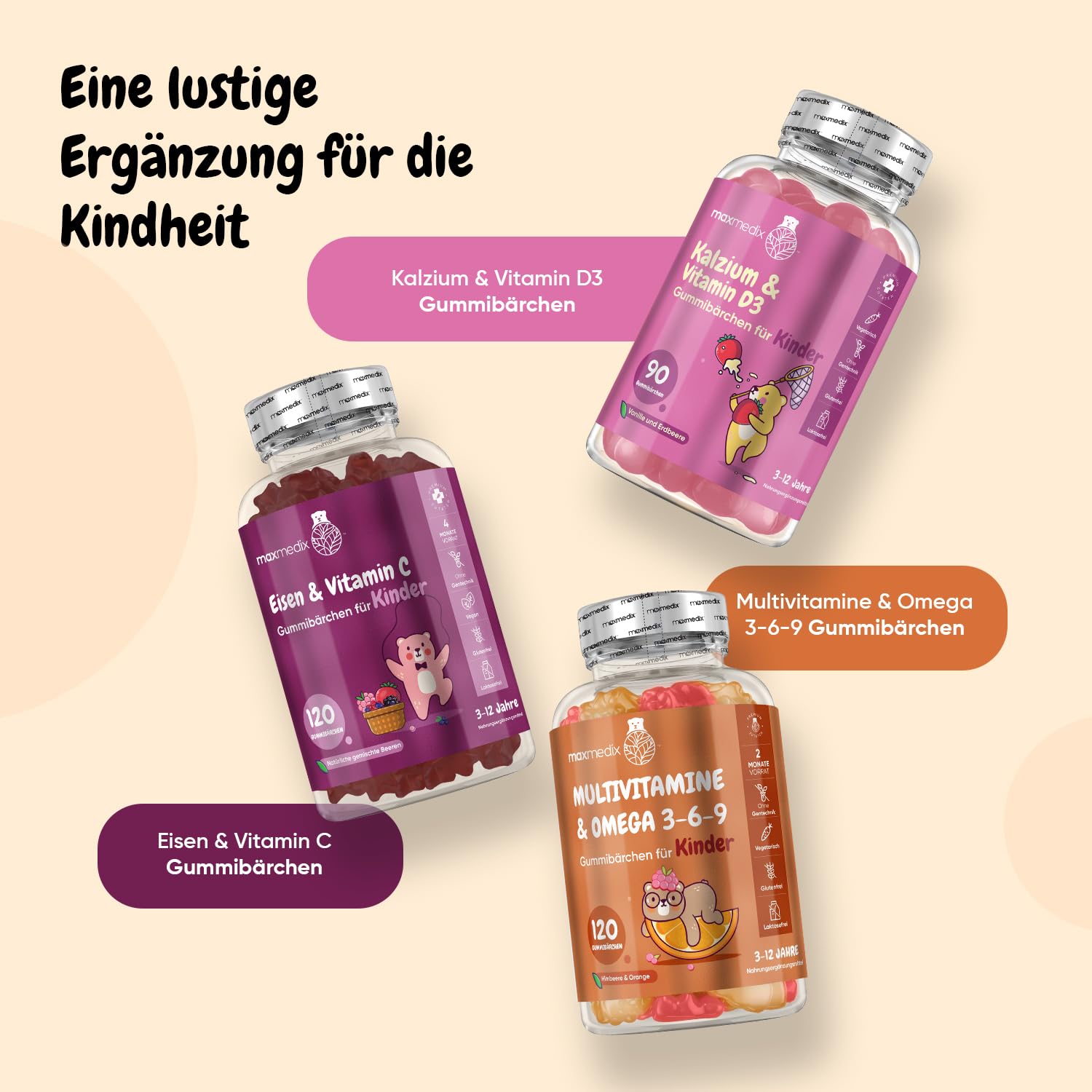 Multivitamin Gummibärchen für Kinder - Mit Omega 3 6 9, Vitamin C - 120 Multivitamin Kinder Gummies - Vitamin D3, B7, B12, E, B1, B2, B3, B5, B9 Jod, Zink - Mit Himbeer & Orangengeschmack - maxmedix