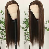 Vista 3 de Lezaxiu - Peluca de encaje frontal de pelo sintético largo y lacio, para mujeres negras, fibra de pelo resistente al calor, sin pegamento, densidad