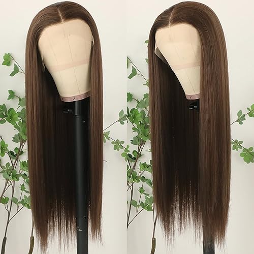 Miniatura 3 de Lezaxiu - Peluca de encaje frontal de pelo sintético largo y lacio, para mujeres negras, fibra de pelo resistente al calor, sin pegamento, densidad