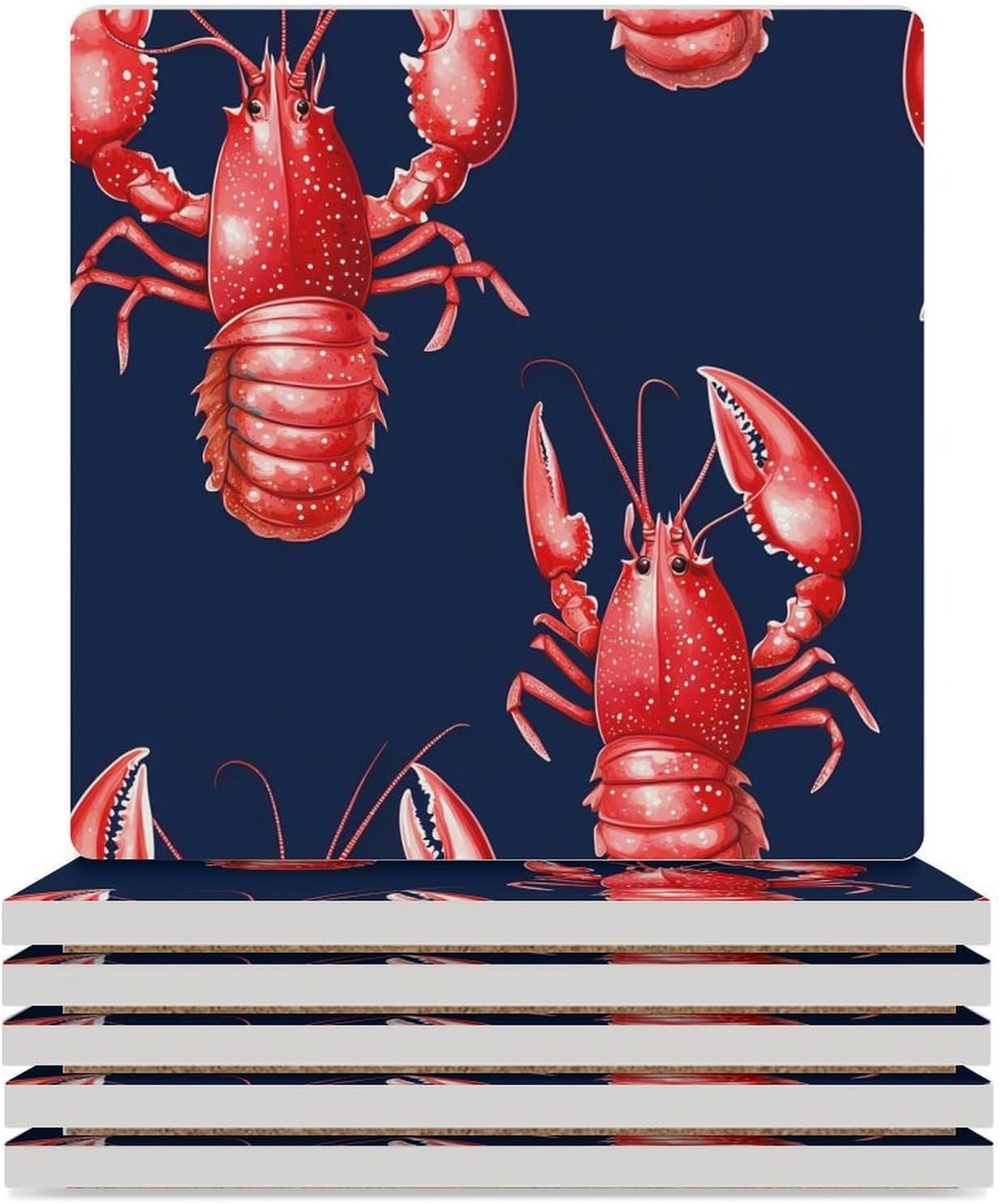 Red Lobster Coasters for Drinks Square Table Coasters Set Cup Mats with Cork Base