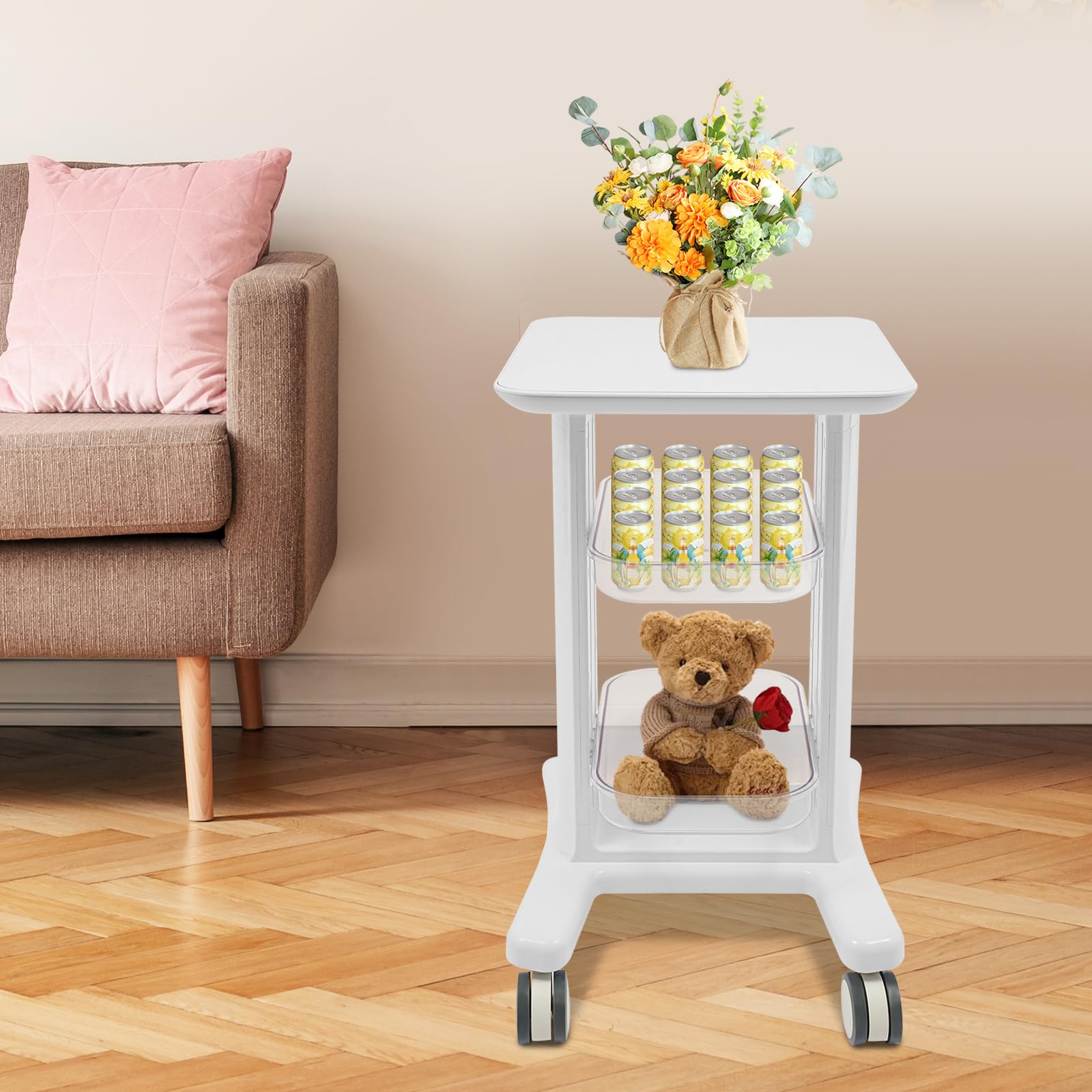 Carrello per salone di bellezza mobile, supporto per strumenti di bellezza a 3 livelli, ABS robusto, capacità 50 kg, ruote universali bloccabili, ideale per saloni e spa