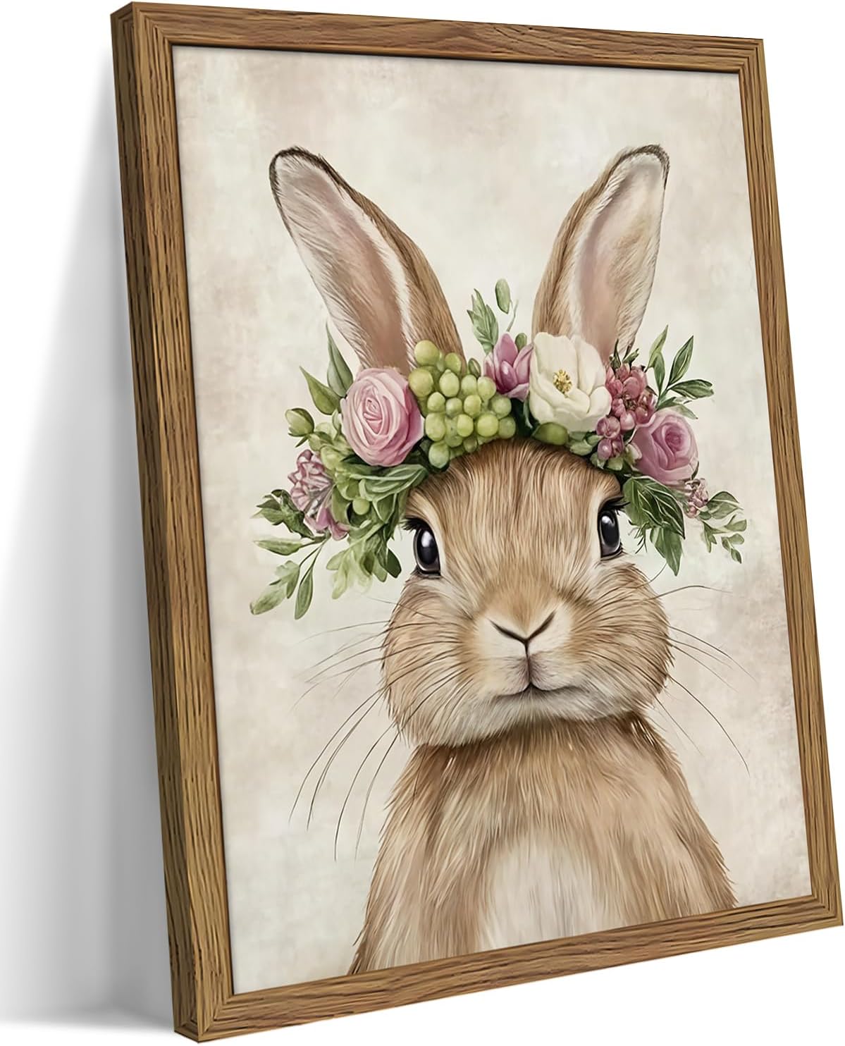 Framed Easter Bunny Wall Art, Cute Funny Bunny with Wreath Poster Prints, Rustic Farmhouse Wall Decor, Spring Holiday Theme Canvas Artwork for Kids Room Girls Bedroom Living Room 12x16in